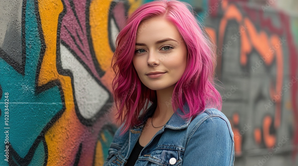 Young woman with pink hair smiles. The photo is a portrait of a young woman with pink hair, wearing a denim jacket and a black shirt, against a graffiti wall. Young woman with pink hair smiles. The photo is a portrait of a young woman with pink hair, wearing a denim jacket and a black shirt, against a graffiti wall.