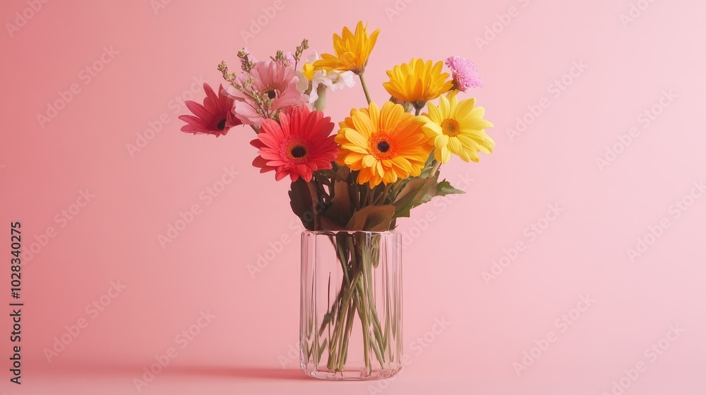 A colorful mix of flowers arranged in a glass vase, placed on a simple, minimalist background, creating a fresh and vibrant scene A colorful mix of flowers arranged in a glass vase, placed on a simple, minimalist background, creating a fresh and vibrant scene