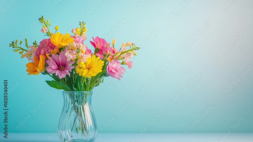 A stunning floral arrangement in a glass vase, with vibrant flowers in pink, yellow, and orange, on a clean minimalist background A stunning floral arrangement in a glass vase, with vibrant flowers in pink, yellow, and orange, on a clean minimalist background