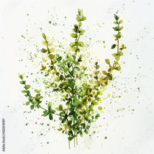 A beautiful representation of green plants painted in watercolor technique, with varying shades of green splattered to create an artistic effect. The composition emphasizes the delicate textures.