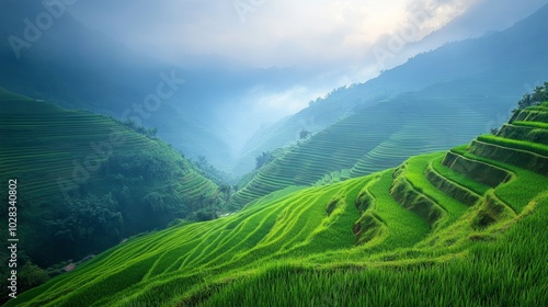 Beautiful Rice Terraces on the Mountainside with Lush Green Vegetation and Scenic Vistas