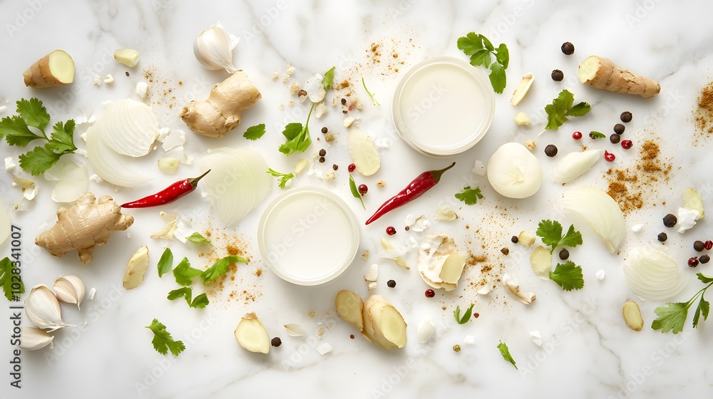 Deconstructed Curry Ingredients on White Marble Surface Deconstructed Curry Ingredients on White Marble Surface