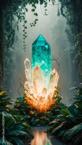 Mystical glowing crystal formation in lush jungle.