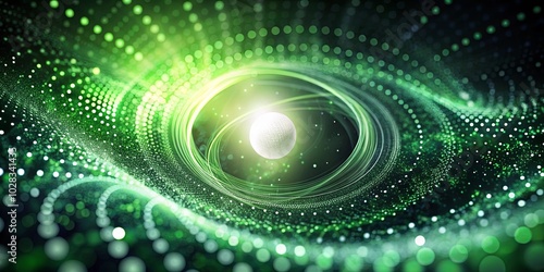 Abstract cosmic landscape featuring a glowing white orb within a swirling green nebula of light and particles.