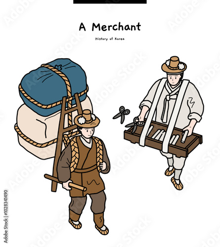 The characters in this illustration are Korean merchants of the Joseon Dynasty. They are bobusang and taffy peddlers, respectively.
