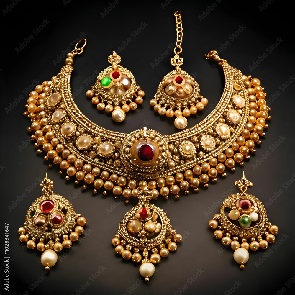 golden antique based necklace tikka pair of golden antique based necklace tikka pair of