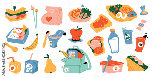 Cartoon stickers. Back to school. Lunchbox lunch school dinner snecks. Comic shapes doodle retro 90 food