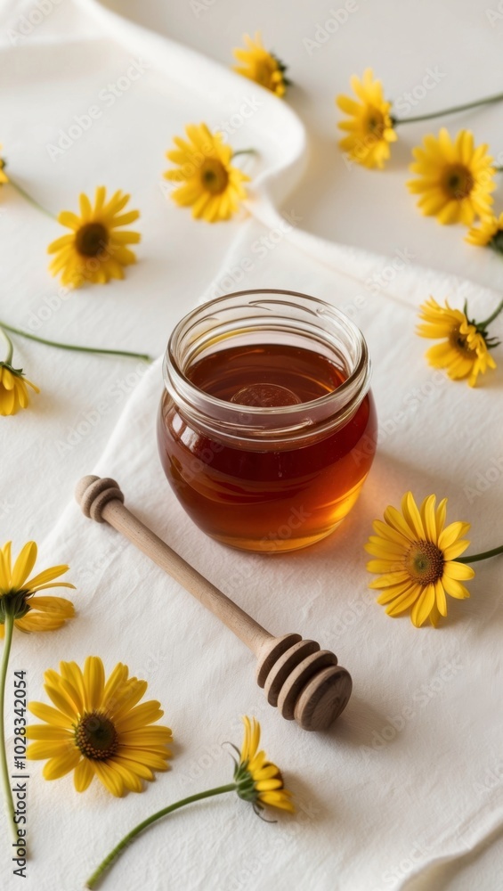 Jar of honey with wooden dipper surrounded by yellow flowers on light background. Jar of honey with wooden dipper surrounded by yellow flowers on light background.