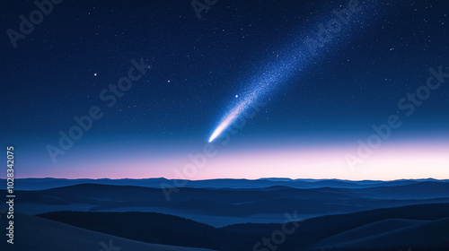 Stunning Meteor Streaking Across Night Sky, Twilight Over Mountain Range, Ideal for Astronomy and Nature Use