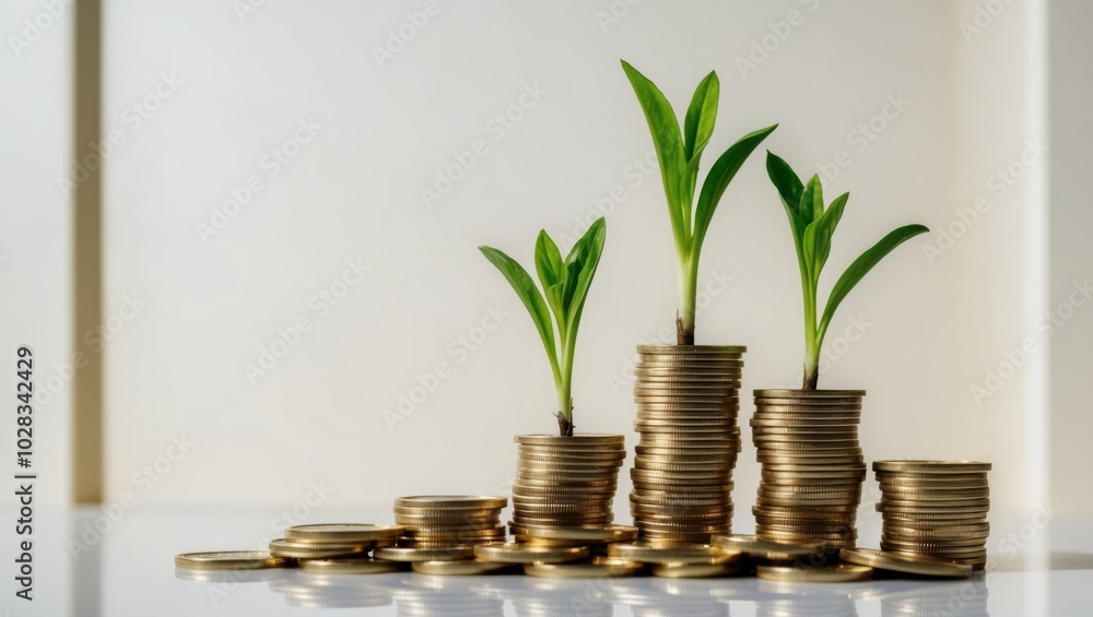 Green Shoots Growing from Stacks of Coins Financial Growth Concept. Green Shoots Growing from Stacks of Coins Financial Growth Concept.