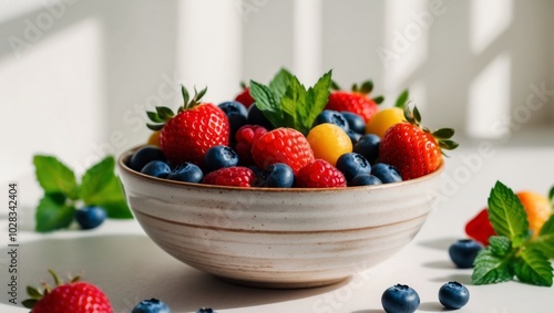 Healthy breakfast bowl with fresh berries and mint. photo