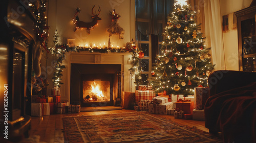 Wallpaper Mural Create an inviting illustration of a luxurious, warm Christmas room interior. Include a beautifully decorated Christmas tree surrounded by gifts, flickering candles, lanterns, and a glowing fireplace. Torontodigital.ca