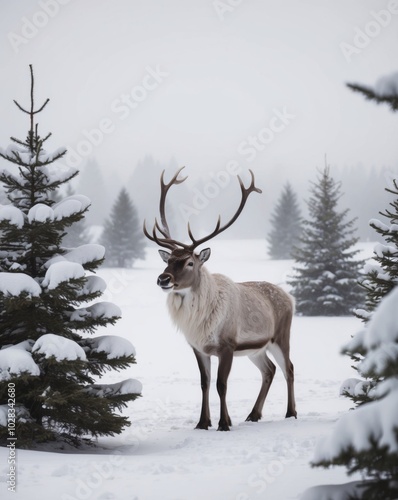 Majestic Reindeer in Snowy Winter Landscape. photo