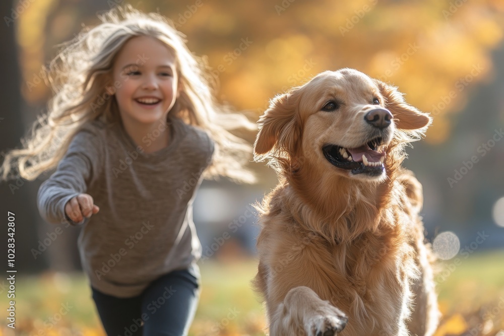 Young girl with blonde hair playing fetch with a golden retriever dog in a grassy outdoor setting