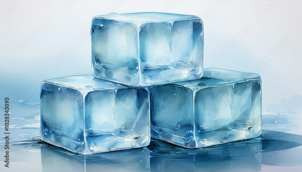 Three melting ice cubes in a watercolor style, the puddles of water gradually fading into th Three melting ice cubes in a watercolor style, the puddles of water gradually fading into th