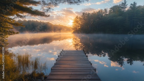 A peaceful lakeside at sunrise, with mist rising from the still water. A wooden dock extends into the lake, and the surrounding trees reflect perfectly on the glassy surface. photo