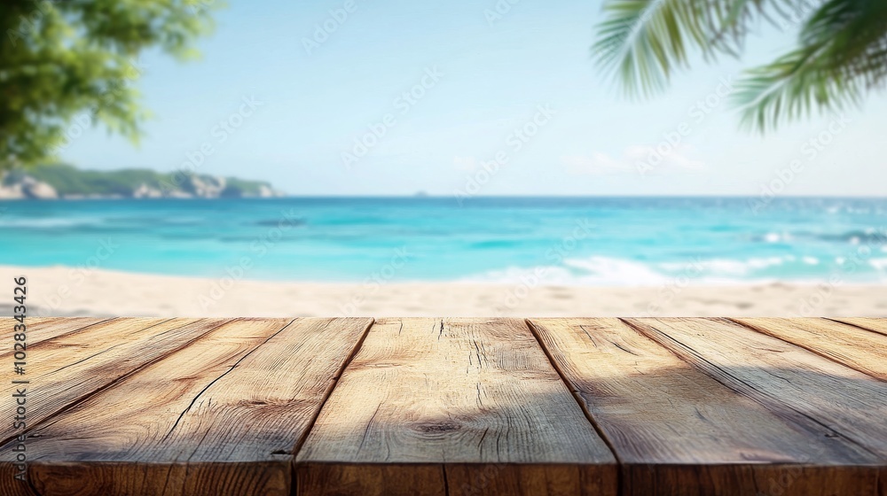 A wooden table top with a tropical beach background, featuring a white sandy beach, blue water, and palm trees. A wooden table top with a tropical beach background, featuring a white sandy beach, blue water, and palm trees.