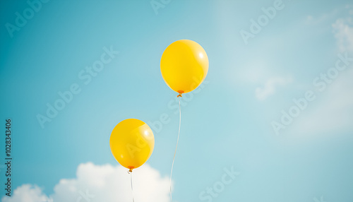 Three bright yellow balloons floating high in a clear blue sky against a subtle gradient of soft white clouds, symbolizing celebration and joy. photo