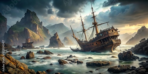 A weathered shipwreck rests against a rocky shore, the remnants of a lost voyage amidst a dramatic seascape