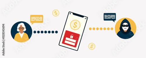 Dialogue between old woman and phone scammer. Phishing fraud concept. Financial thief warning. Flat vector poster, banner.