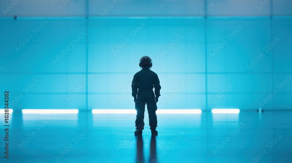 child in futuristic outfit stands alone in spacious, brightly lit environment, showcasing sense of wonder and exploration. blue lighting creates captivating atmosphere child in futuristic outfit stands alone in spacious, brightly lit environment, showcasing sense of wonder and exploration. blue lighting creates captivating atmosphere