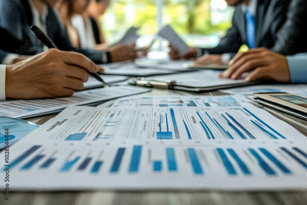 Business teams collaborating on merger strategies, financial reports spread across the table, ultrarealistic detail of intense focus and teamwork Business teams collaborating on merger strategies, financial reports spread across the table, ultrarealistic detail of intense focus and teamwork
