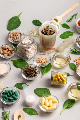 Homeopathic meds, pills, tablets, green leaves, herbs and other natural organic products in a beautiful composition on a light grey background. Homeopathy and alternative medicine. photo