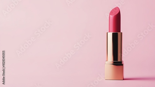 A single pink lipstick tube on a pink background.