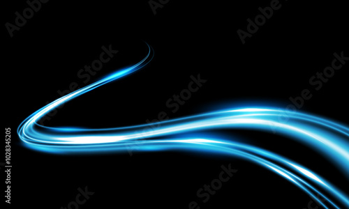 Abstract blue speed light lines neon glowing circle round movement on black background vector