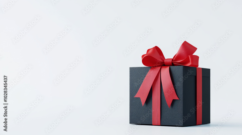 Create a 3D rendering of a gift box designed for Black Friday, featuring a prominent red bow. The illustration should convey the excitement of the shopping event and be isolated on a white background Create a 3D rendering of a gift box designed for Black Friday, featuring a prominent red bow. The illustration should convey the excitement of the shopping event and be isolated on a white background