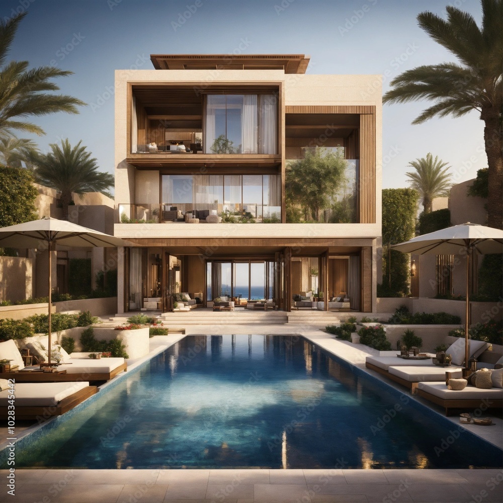 Fototapeta premium Modern house with pool, AI generated