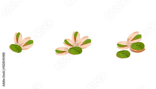 Cartoon pistachio. Nuts in shell and peeled pieces. Healthy food. Diet snack. Organic vegetarian element. Whole and half. Natural plant ingredient packaging design vector isolated illustration