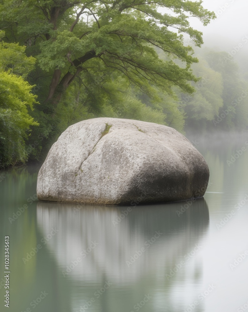 Large Boulder in Calm River Surrounded by Nature. Large Boulder in Calm River Surrounded by Nature.
