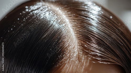 Closeup of a healthy, clean scalp after using treatment shampoo, hair parted to show smooth skin, bright natural light, ultrarealistic shot capturing the results of scalp therapy