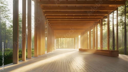 Wooden Structure in a Forest with Sunlight Streaming Through