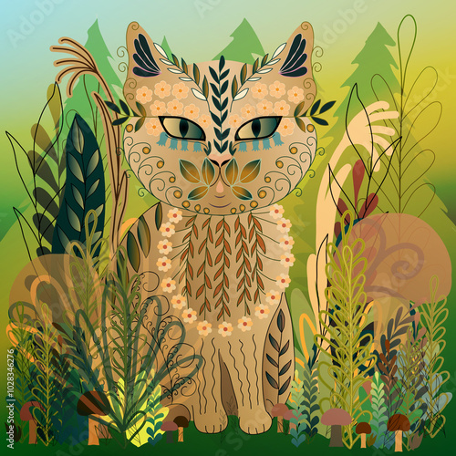 Flower cat in the forest. Abstract forest dweller. Cat illustration.