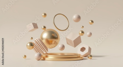 Abstract geometric composition with floating gold and white shapes