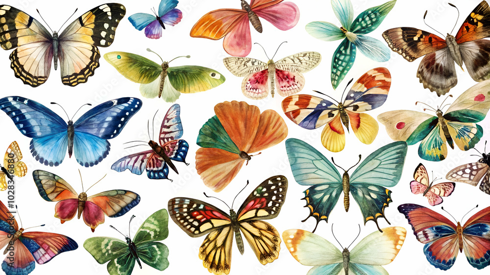 Butterflies in various colors and patterns isolated on a white background, perfect for nature-themed designs and educational materials. Butterflies in various colors and patterns isolated on a white background, perfect for nature-themed designs and educational materials.