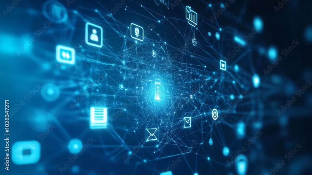 Abstract blue background with glowing network connections and data icons. Abstract blue background with glowing network connections and data icons.