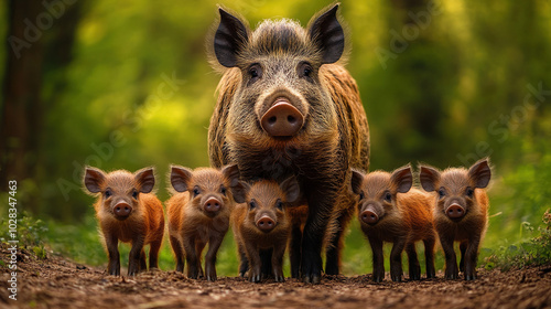 A wild boar mother and a group of her babies standing in the forest and looking at the camera photo