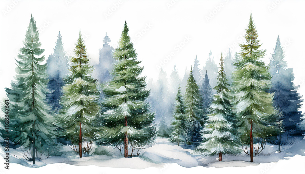 Fototapeta premium Watercolor winter coniferous trees forest. Serene snowy scene, landscape with snow covered pines