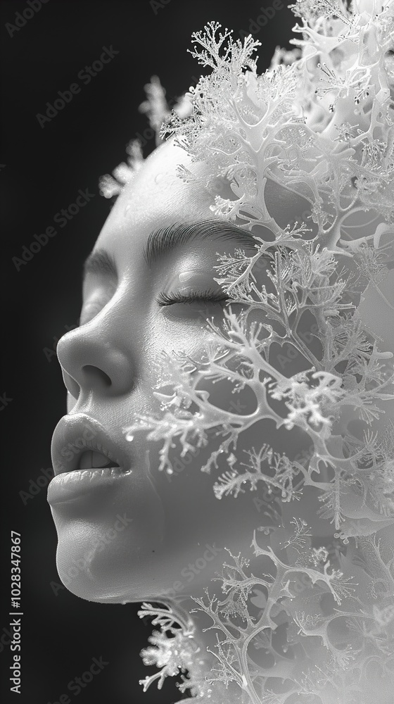 Black and White Portrait of a Woman with Floral Elements Black and White Portrait of a Woman with Floral Elements