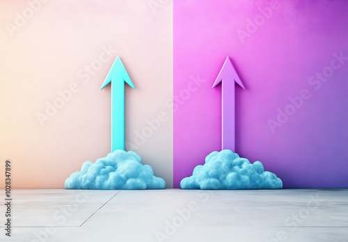 3D illustration of purple arrows pointing up and to the right