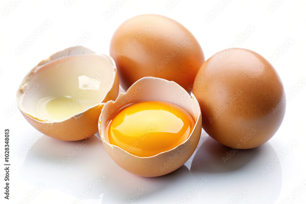 Broken eggs with yolk, on white background Broken eggs with yolk, on white background