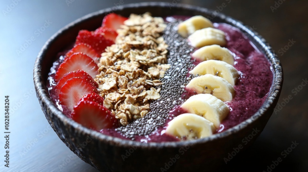 Acai bowl with strawberries, bananas, granola, and chia seeds. Acai bowl with strawberries, bananas, granola, and chia seeds.