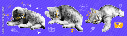 Set of halftone elements with doodle elements. Cue cats in different poses. Vector elements in pop art style. Y2k collage design.