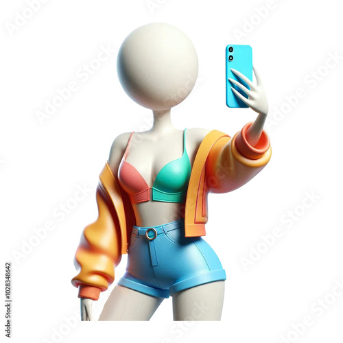 3D stylized plastic figure faceless woman in  bright clothes  with mobile phone who takes selfie isolated on PNG background.