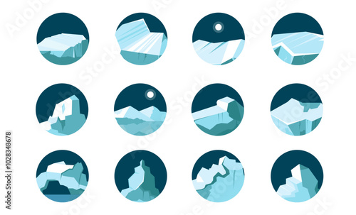 Iceberg icons. Floating glaciers, ice cubes and blocks stickers. Arctic and Antarctic landscape elements in circle. Icy crystal rocks in cold water. Winter decorative vector cartoon flat illustration