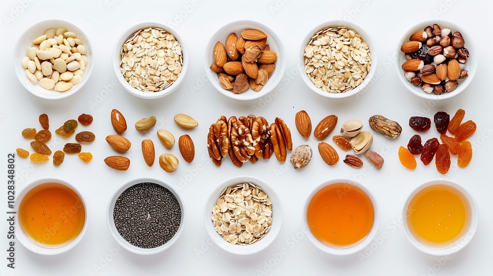 Assorted Nuts, Seeds, Dried Fruits, and Honey in Bowls on a White Background. Assorted Nuts, Seeds, Dried Fruits, and Honey in Bowls on a White Background.