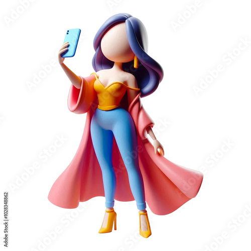 3D stylized plastic figure faceless  woman in full growth in  bright clothes  who takes selfie isolated on PNG background.